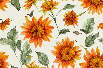 Fall seamless pattern with pumpkin autumn flower sunflower and leaves hare Autumn watercolor background Thanksgiving illustration