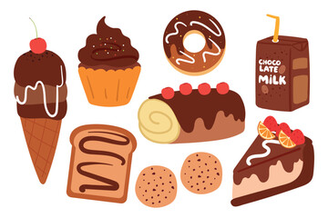 hand drawing cartoon dessert, cake and fruit sticker set