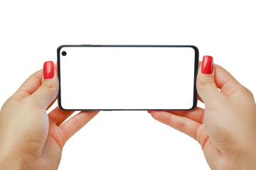 Female hands hold a smartphone with a white display on a white isolated background