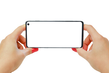 Female hands hold a smartphone with a white display on a white isolated background