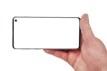 Male hands holding a smartphone with a white display on a white isolated background