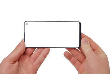 Male hands holding a smartphone with a white display on a white isolated background