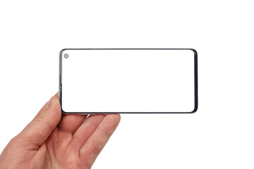 Male hands holding a smartphone with a white display on a white isolated background