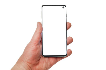 Male hands holding a smartphone with a white display on a white isolated background
