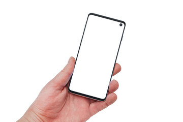 Male hands holding a smartphone with a white display on a white isolated background
