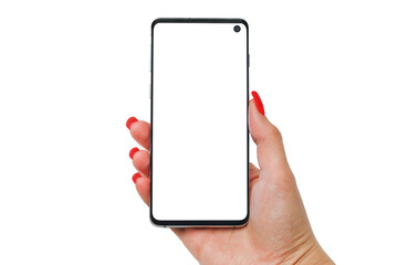 Female hands hold a smartphone with a white display on a white isolated background