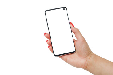 Female hands hold a smartphone with a white display on a white isolated background