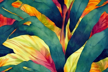 Watercolor seamless pattern. Hand painted tropical palm tree, jungle leaves. Botanical illustration for design, wallpaper, scrapbooking