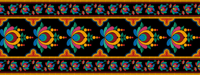 Ikat ethnic seamless pattern decoration design. Aztec fabric carpet boho mandalas textile home decor wallpaper. Tribal native motif ornaments traditional embroidery vector background  © Thann