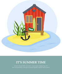 Beach bungalow with anchor and ocean. Nautical postcard template. Vector drawing. For use in decor, postcards, flyers and brochures, packaging, social networks.