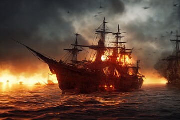 Obraz premium An ocean battle from the 16th century between sailing ships and galleons, in which pirate boats are fighting and burning due to gunfire from cannons.
