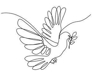 Dove with olive Branch One Continuous Line Drawing Bird symbol of Peace and Freedom  Simple linear style.  Editable stroke. Doodle vector illustration One Line Vector Illustration Isolated on a white 