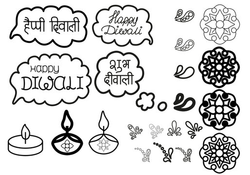 Diwali design elements for social media, card, banner, poster isolated on white background. Big set with lettering happy diwali, speech bubbles, lit oil lamp icons, floral design. Vector illustration.