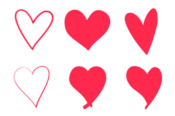 Colorful trendy hearts on isolated white background. Hand drawn set of love signs. Abstract image for design. Line art creation. Colored illustration. Sketchy elements for artworks