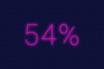 54% percent logo. fifty-four percent neon sign. Number fifty-four on dark purple background. 2d image