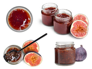 Set with glass jars of tasty sweet fig jam on white background