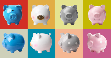 Set with piggy banks on different color backgrounds