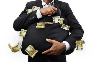 Black Businessman holding black bag full of Zambian Kwacha notes isolated on white background,...