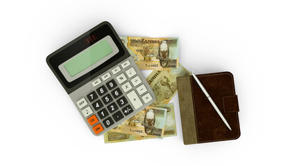 3D rendering of an isolated composition of Zambian kwacha notes, a calculator, a note book and a pen