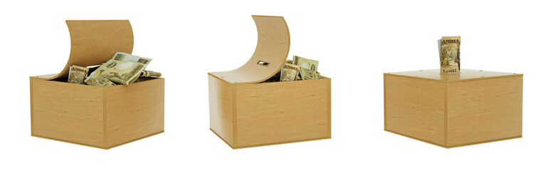 Zambian Kwacha notes inside an open wooden savings box. set of savings concept. Generic Piggy Bank, Penny Bank, Money Box. 3d rendering