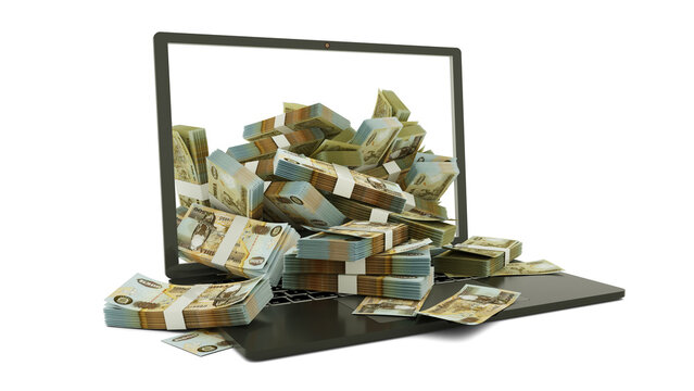 3D rendering of Zambian Kwacha notes coming out of a Laptop monitor isolated on white background. stacks of Zambian Kwacha notes inside a laptop. money from computer, money from laptop