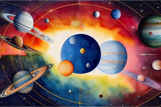 Watercolor illustration of hand painted all planets of Solar system with star Sun amd satellite Moon. Mercury, Venus, Earth, Mars, Jupiter, Saturn, Uranus, Neptune, Pluto. Isolated space objects