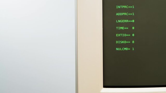 Retro pc with loading code console, programmer making scripts, green basic screen, Old computer studio close-up, Desktop vintage retro wave display, late 90s PC.