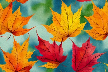 Fototapeta premium Watercolor autumn seamless pattern with hand drawn colorful leaves fall and red berries for textile phone cases and other decorations