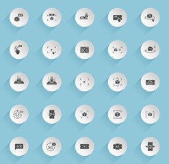 augmented reality vector icons on round puffy paper circles with transparent shadows on blue background. augmented reality tock vector icons for web, mobile and user interface design