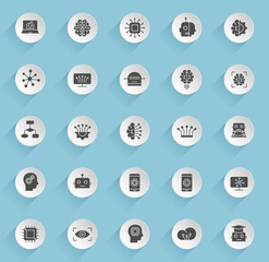artificial intelligence vector icons on round puffy paper circles with transparent shadows on blue background. artificial intelligence stock vector icons for web, mobile and user interface design