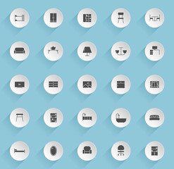 furniture vector icons on round puffy paper circles with transparent shadows on blue background. furniture stock vector icons for web, mobile and user interface design