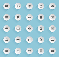 furniture vector icons on round puffy paper circles with transparent shadows on blue background. furniture stock vector icons for web, mobile and user interface design