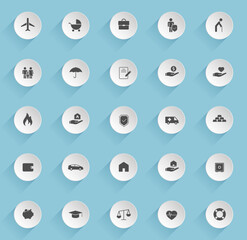 insurance vector icons on round puffy paper circles with transparent shadows on blue background. insurance stock vector icons for web, mobile and user interface design