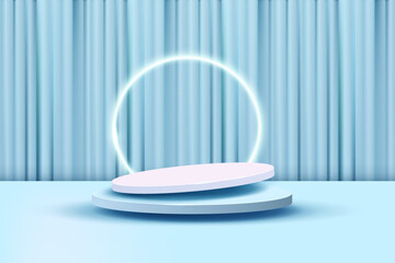 Minimal scene with podium and curtainabstract background. Pastel blue and white colors scene. Trendy 3d render for social media banners, promotion, cosmetic product show. 3d vector illustration