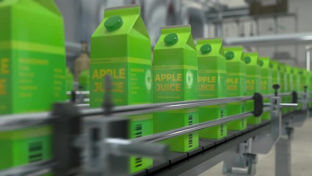 Automatic Equipment Pouring Apple Juice Inside Multiple Carton Bottles. Bottles With Juice Advancing Through The Automatic Conveyor Line Equipment. Automatic Equipment Transporting The Bottles.