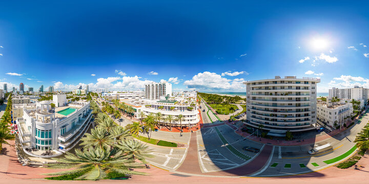 Aerial equirectangular spherical photo Miami Beach Ocean Drive and 5th Street