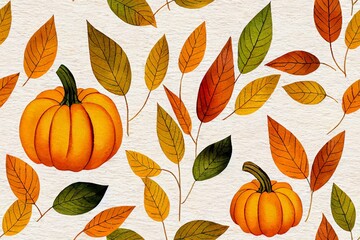 Watercolor seamless pattern with autumn foliage pumpkins and autumn leaves Fall pattern Retro autumn print for textile and fabric Pumpkins pattern for home and kitchen Watercolor autumn motif