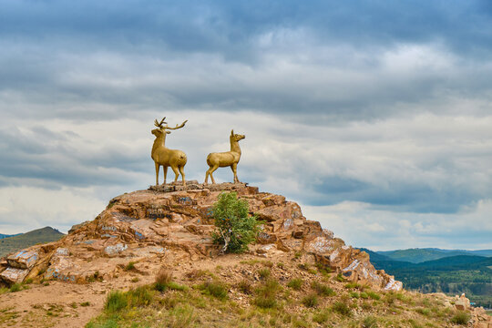 Monument to deer at the Gesar Parking lot near the city of Ulan-Ude, Republic of Buryatia, Russia.