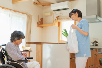 Fototapeta premium 買い物代行をする女性介護士と利用者の女性