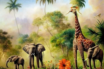 Foto op Canvas Watercolor composition with African animals and natural elements. Elephant, giraffe, monkeys, parrots, palm trees, flowers. Safari wild creatures. Jungle, tropical illustration for nursery wallpaper © 2rogan