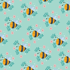 Fototapeta na wymiar Seamless pattern with cute bees perfect for wrapping paper