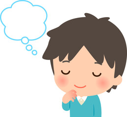 目を閉じて考え事をする笑顔の男性