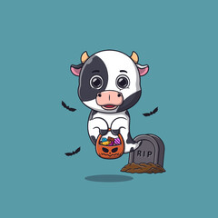 Cute ghost cow holding pumpkin basket full of candies