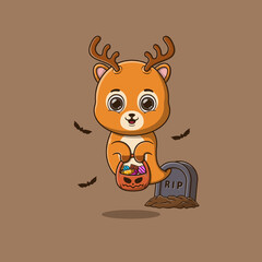 Cute ghost deer holding pumpkin basket full of candies
