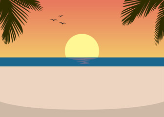 Sunset or sunrise on the beach with palm trees in the foreground