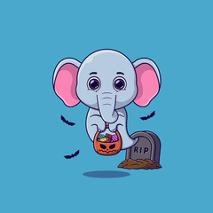 Cute ghost elephant holding pumpkin basket full of candies