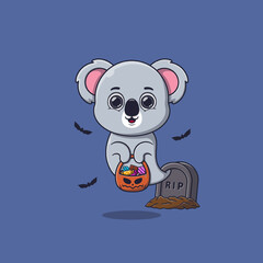 Cute ghost koala holding pumpkin basket full of candies © noriweuhcs