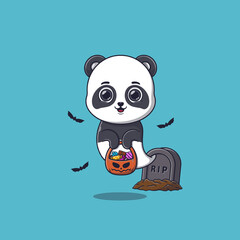Cute ghost panda holding pumpkin basket full of candies
