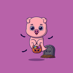 Cute ghost pig holding pumpkin basket full of candies