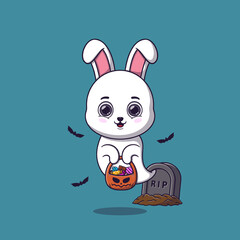 Cute ghost rabbit holding pumpkin basket full of candies